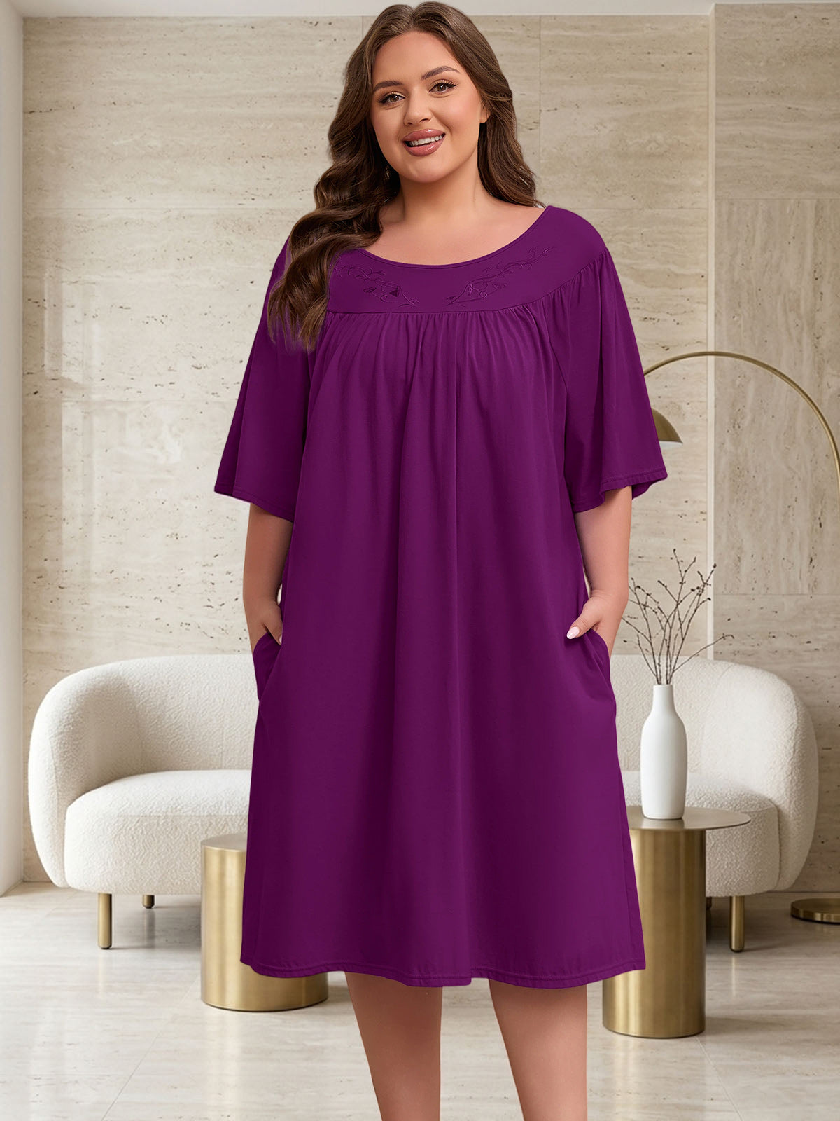 100% Cotton Nightgowns for Plus Size Women Pleated Soft Sleepwear with Pockets