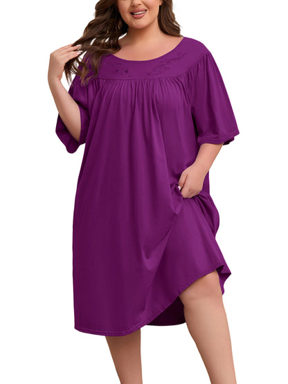 100% Cotton Nightgowns for Plus Size Women Pleated Soft Sleepwear with Pockets