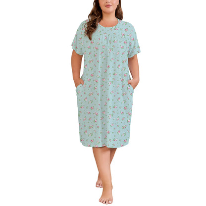 Nightgowns for Women Plus Size Floral Print Short Sleeve Pleated Sleepwear