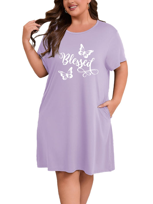 FEREMO Plus Size Nightgowns for Women Short Sleeve Sleepshirt Knee Length Sleepwear with Pockets