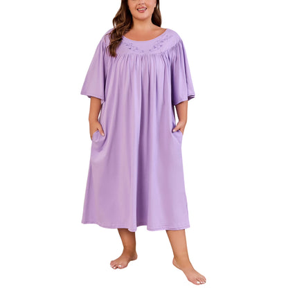 100% Cotton Nightgowns for Plus Size Women Pleated Soft Sleepwear with Pockets