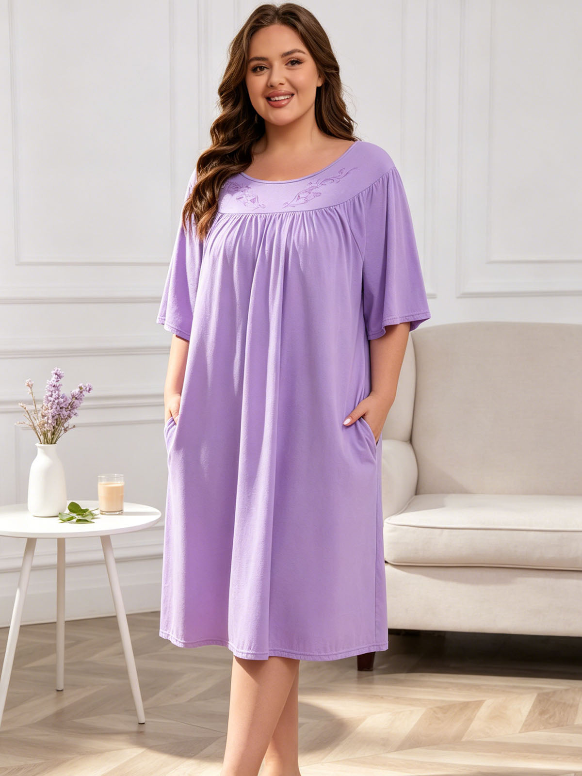 100% Cotton Nightgowns for Plus Size Women Pleated Soft Sleepwear with Pockets