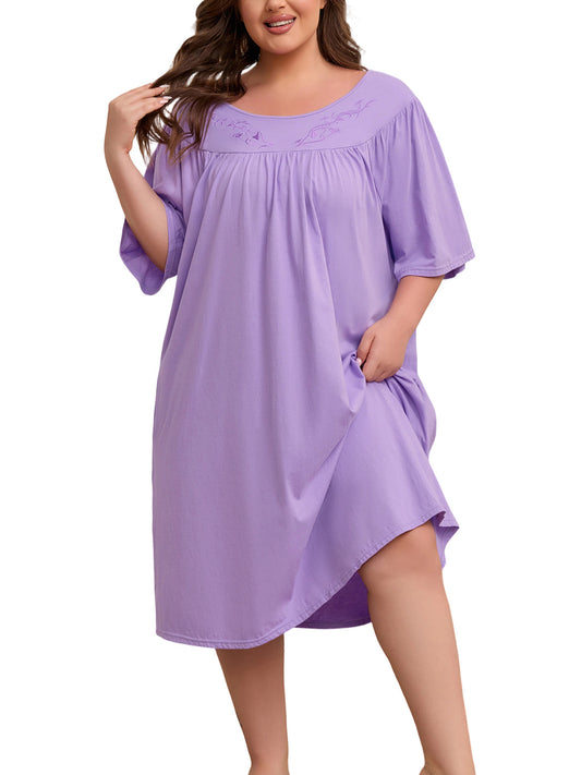 100% Cotton Nightgowns for Plus Size Women Pleated Soft Sleepwear with Pockets