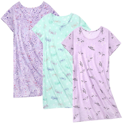 Cotton Nightgowns for Women Soft Nightshirts Printed Round Neck Sleep Dress 3 Pack