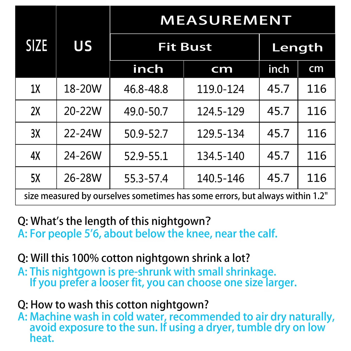 100% Cotton Plus Size Nightgowns for Women Short Sleeve Ladies Sleepwear