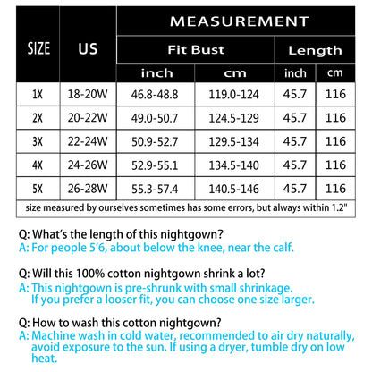100% Cotton Plus Size Nightgowns for Women Short Sleeve Ladies Sleepwear