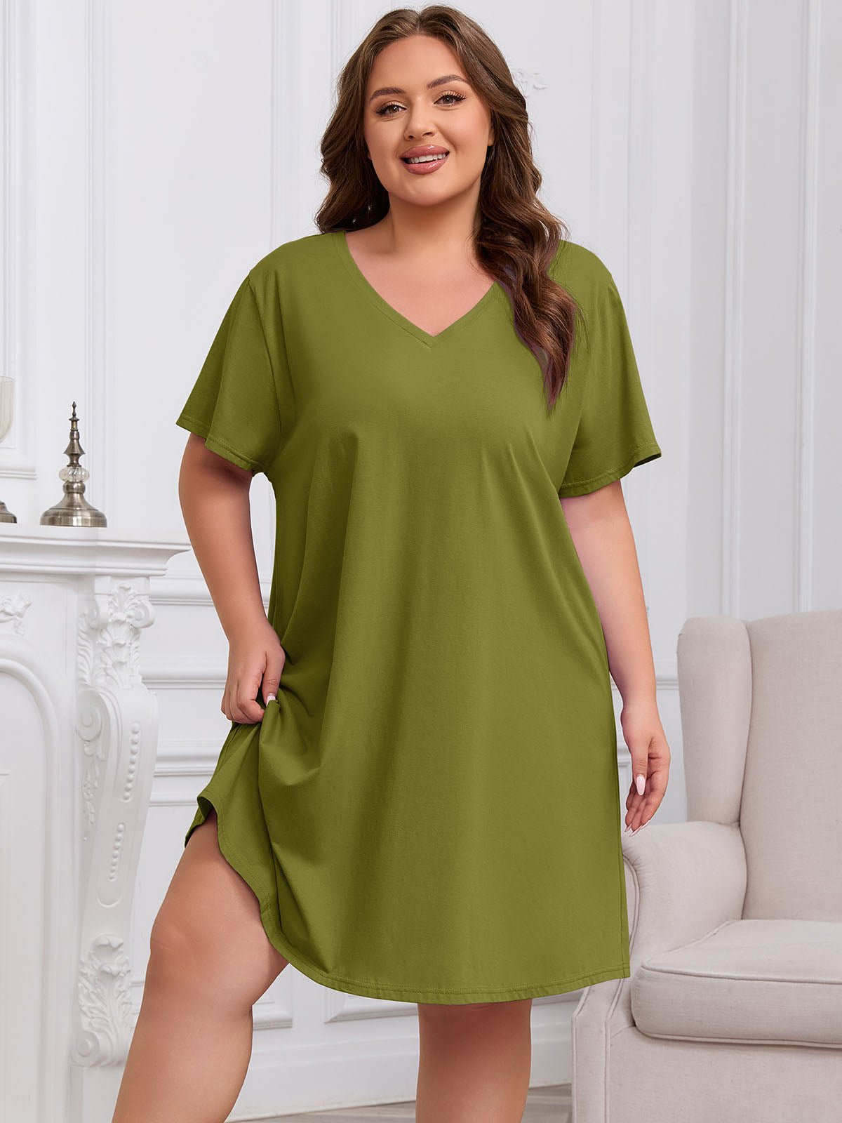 FEREMO Womens Plus Size 100% Cotton Short Sleeve V Neck Nightgown Ladies Sleepwear