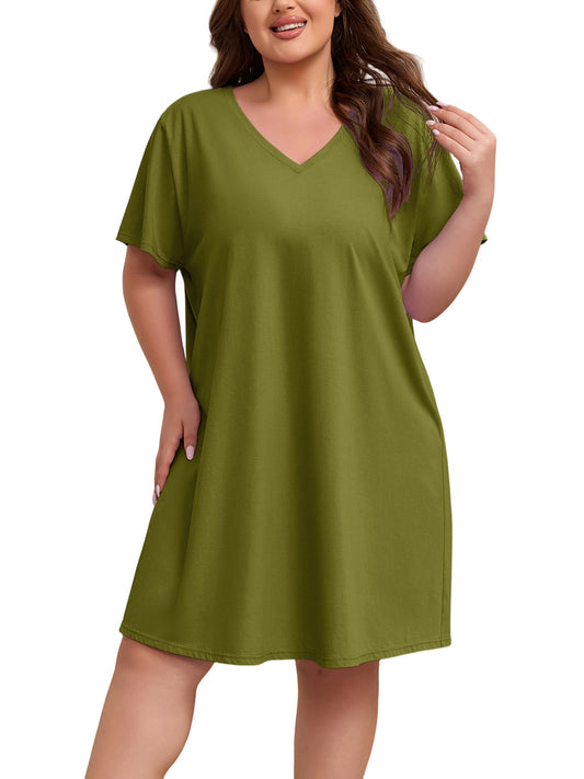 FEREMO Womens Plus Size 100% Cotton Short Sleeve V Neck Nightgown Ladies Sleepwear