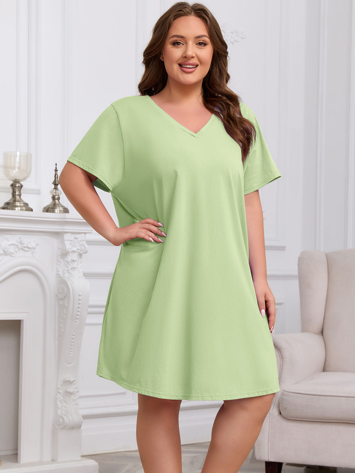 FEREMO Womens Plus Size 100% Cotton Short Sleeve V Neck Nightgown Ladies Sleepwear