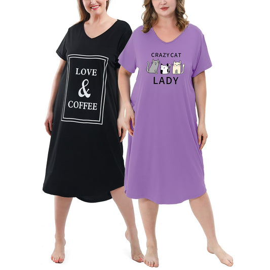 FEREMO Nightgowns for Women Plus Size V Neck Print Soft Sleepwear 2 Pack