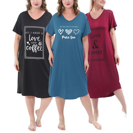 FEREMO Nightgown for Women Plus Size Long Sleepwear Printed Comfy Sleep Shirts 3 Pack