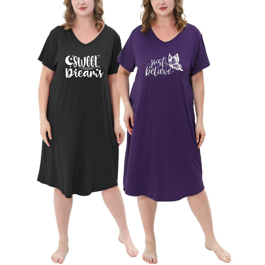 FEREMO Nightgowns for Women Plus Size V Neck Print Soft Sleepwear 2 Pack