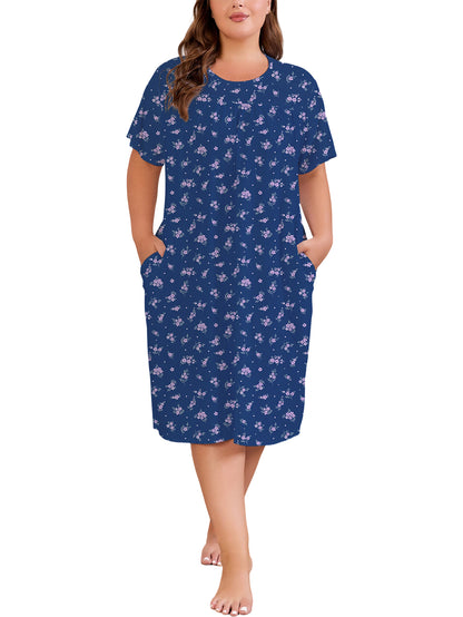Nightgowns for Women Plus Size Floral Print Short Sleeve Pleated Sleepwear