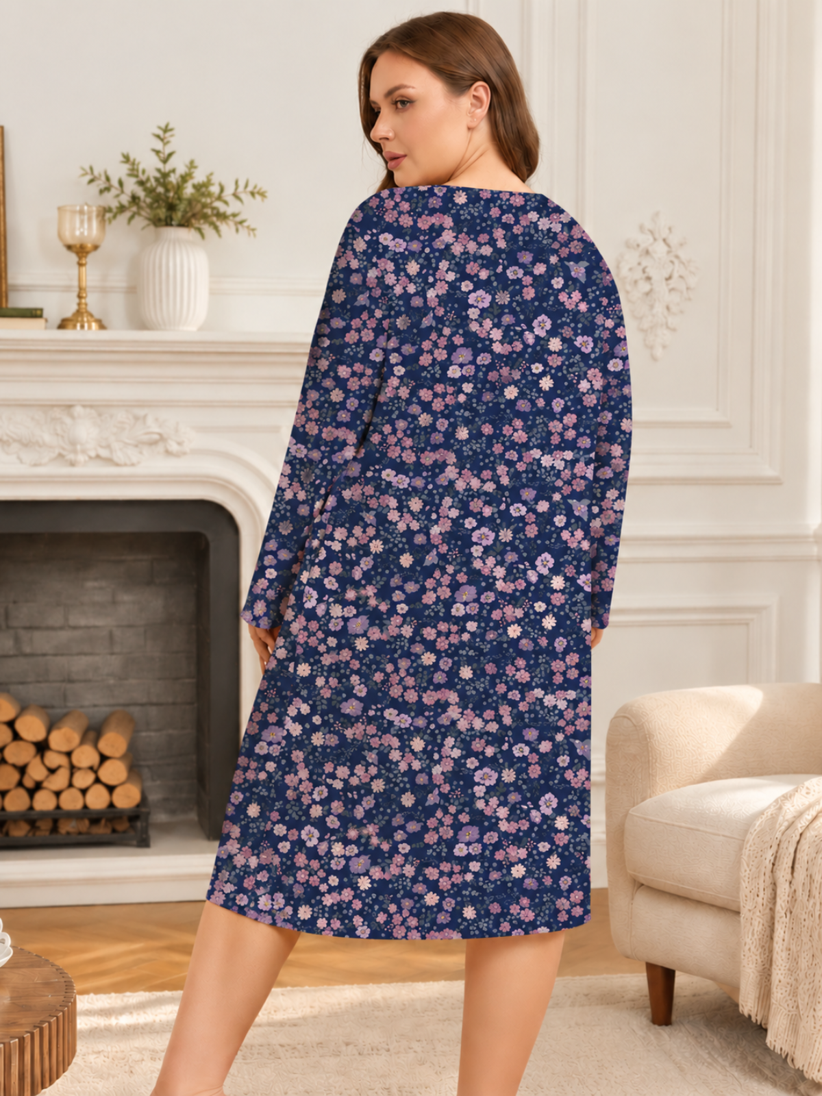 FEREMO Womens Plus Size Nightgowns Long Sleeve Crew Neck Pleated Night Dress Printed Sleepwear with Pockets