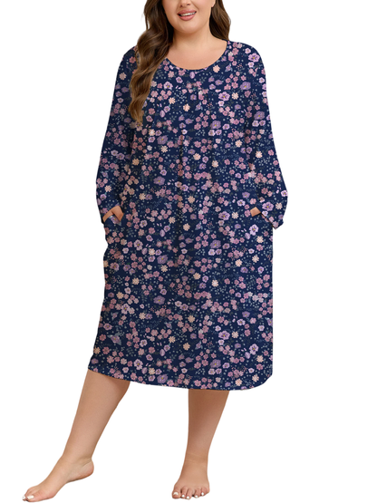 FEREMO Womens Plus Size Nightgowns Long Sleeve Crew Neck Pleated Night Dress Printed Sleepwear with Pockets