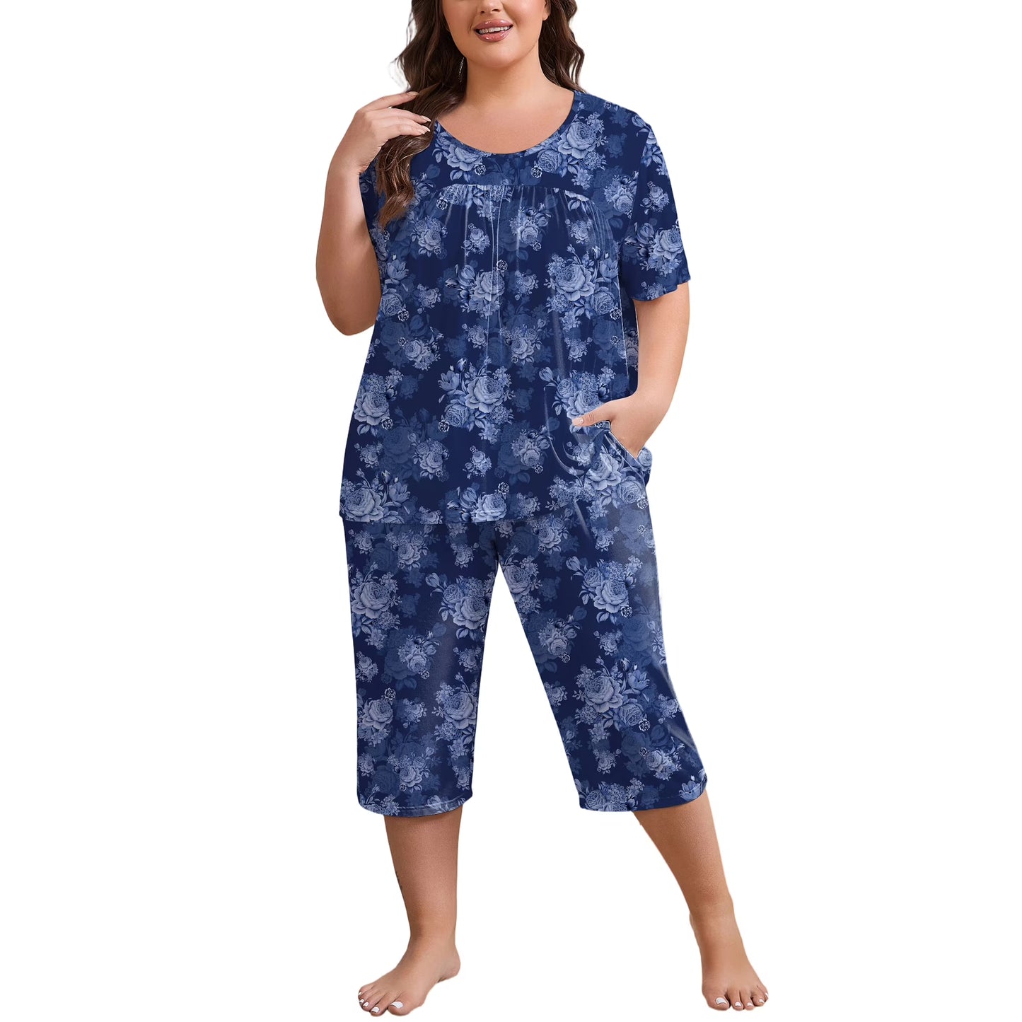 FEREMO Women Plus Size Pajamas Set Short Sleeve Pjs Capri Pants Pajama Sets Nightwear with Pockets