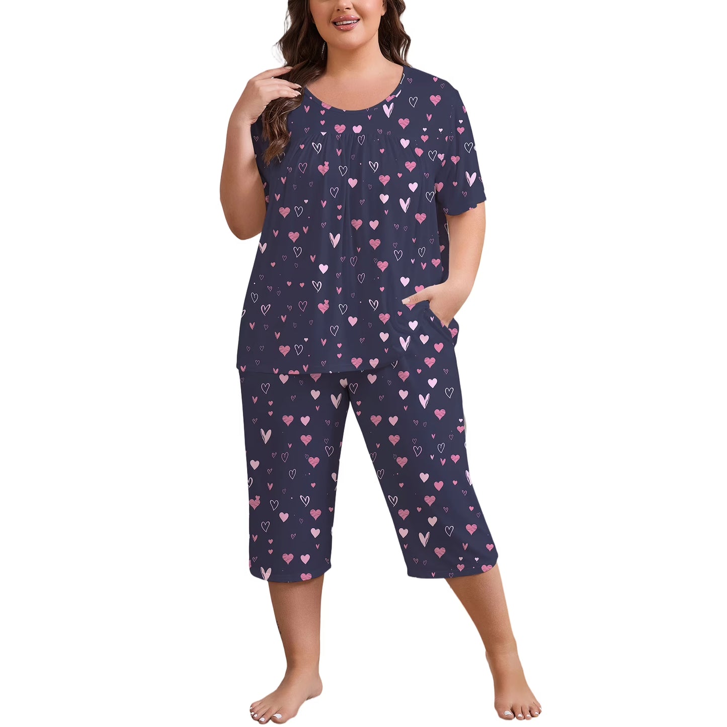 FEREMO Women Plus Size Pajamas Set Short Sleeve Pjs Capri Pants Pajama Sets Nightwear with Pockets