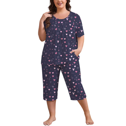 FEREMO Women Plus Size Pajamas Set Short Sleeve Pjs Capri Pants Pajama Sets Nightwear with Pockets