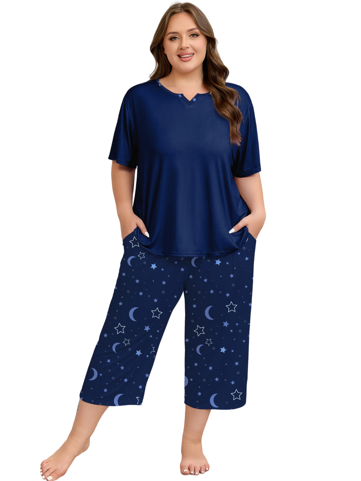 FEREMO Plus Size Women's Pajama Set Short Sleeve Shirt and Capri Pants Sleepwear Pjs Sets with Pockets