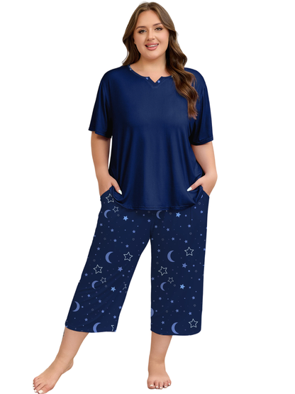FEREMO Plus Size Women's Pajama Set Short Sleeve Shirt and Capri Pants Sleepwear Pjs Sets with Pockets