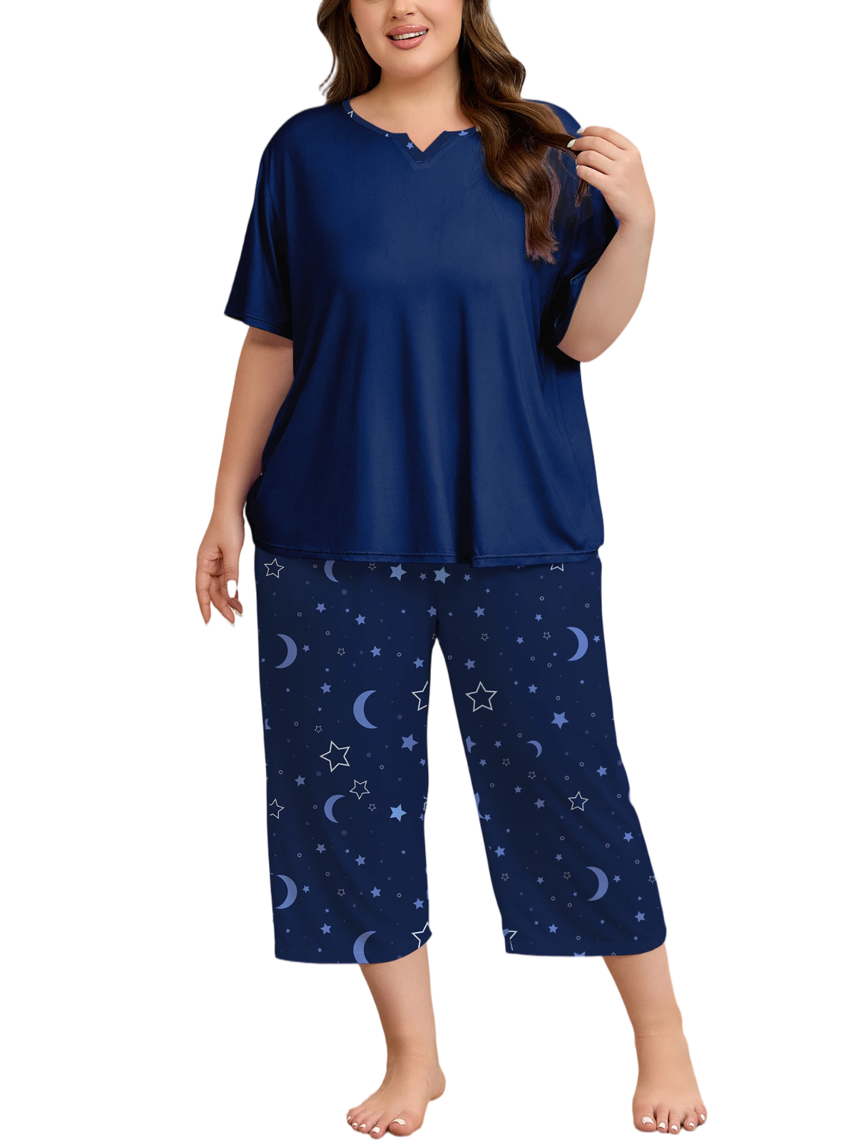 FEREMO Plus Size Women's Pajama Set Short Sleeve Shirt and Capri Pants Sleepwear Pjs Sets with Pockets