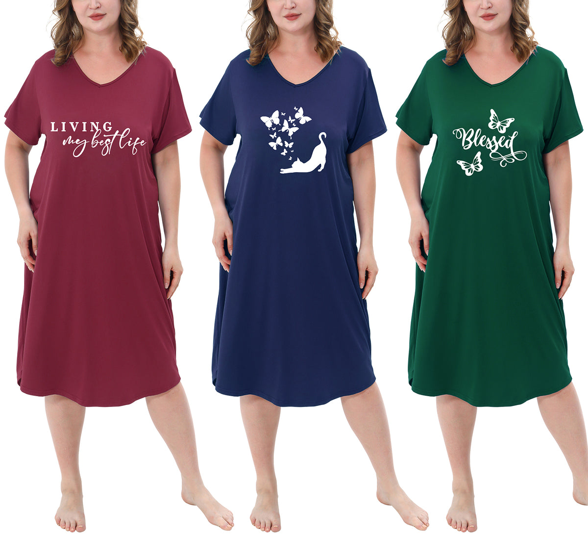 3 Pack Nightgowns for Women Plus Size V Neck Sleepwear Loose Comfy Night Gown