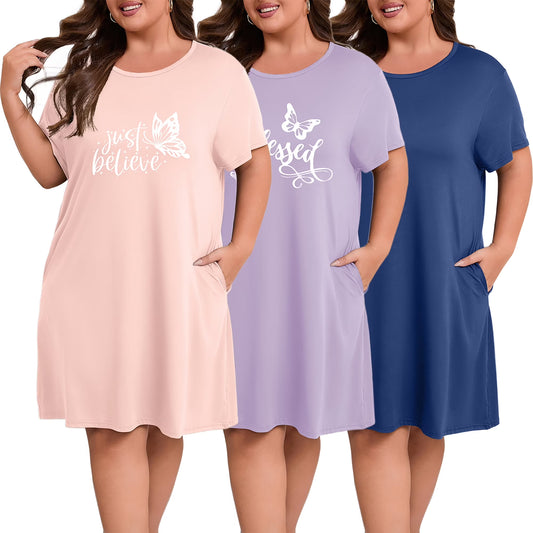 FEREMO Nightgowns for Women Plus Size Print Pajama Dress Short Sleeves Sleepwear with Pockets 3 Pack