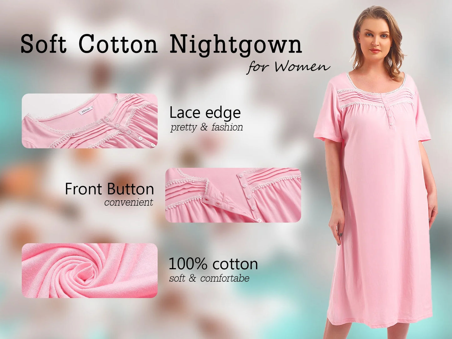 100% Cotton Plus Size Nightgowns for Women Short Sleeve Ladies Sleepwear