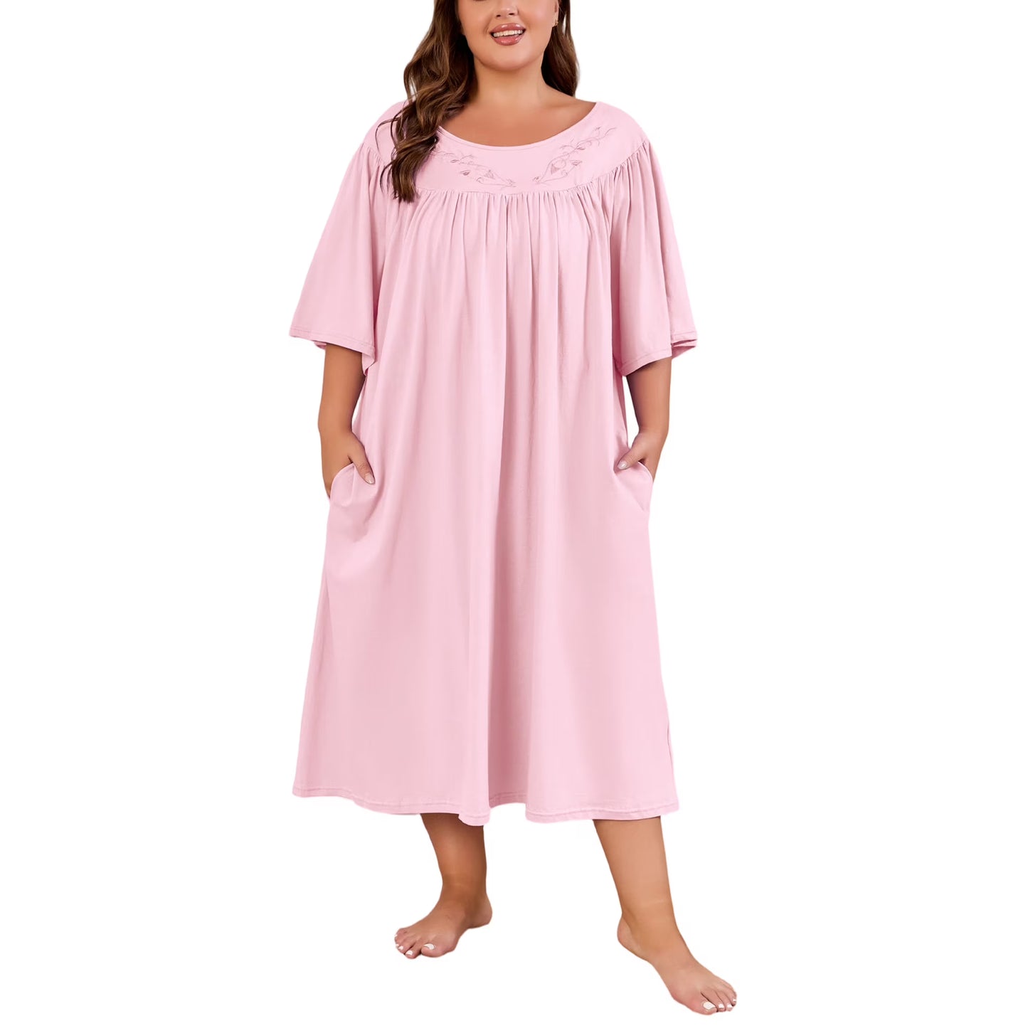 100% Cotton Nightgowns for Plus Size Women Pleated Soft Sleepwear with Pockets