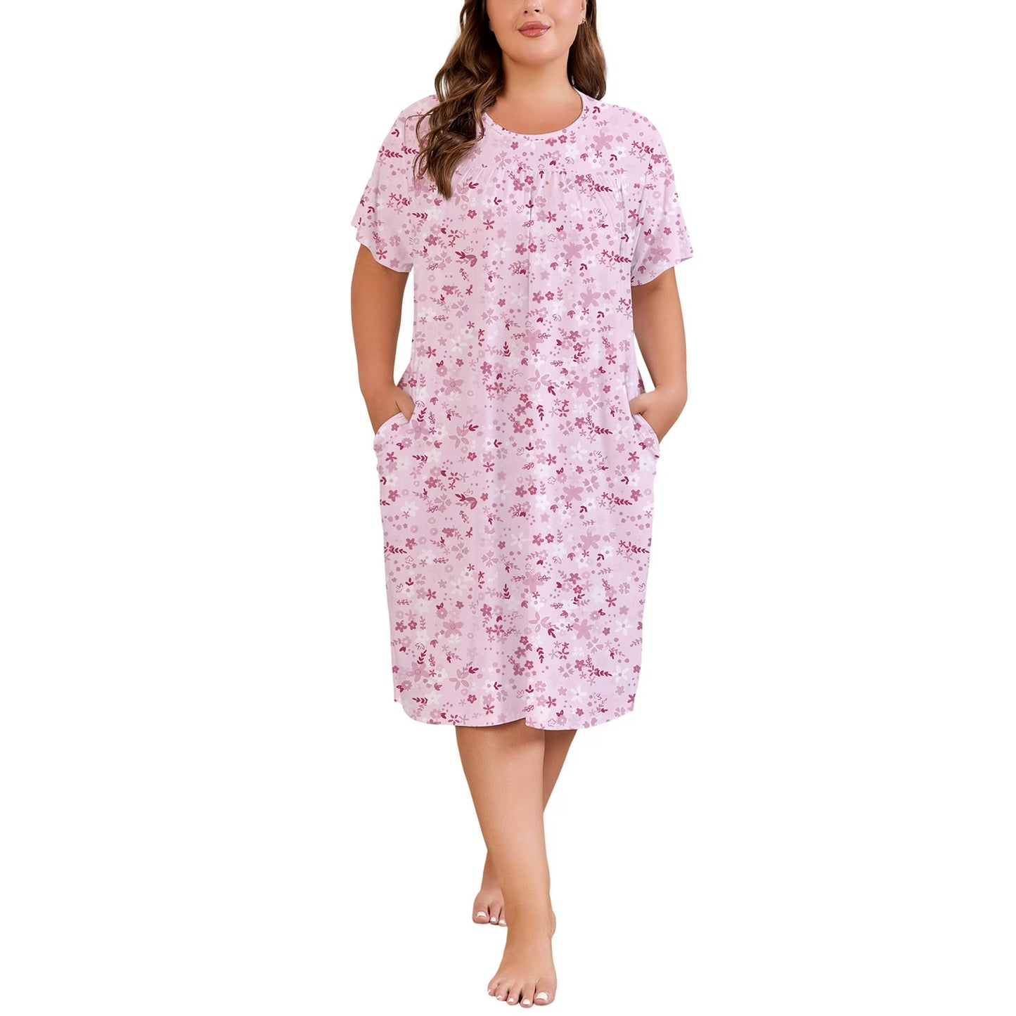 Nightgowns for Women Plus Size Floral Print Short Sleeve Pleated Sleepwear