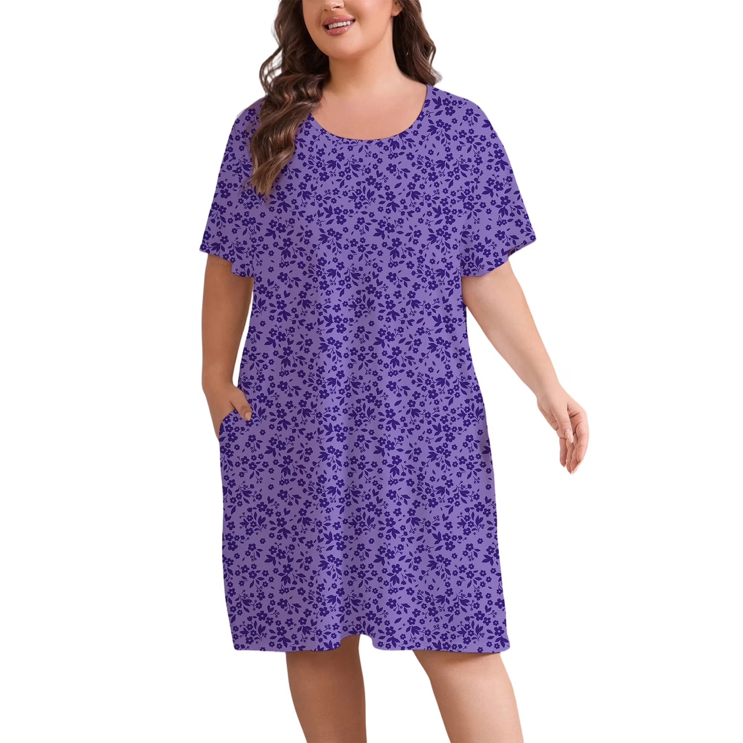 Plus Size Nightgowns for Women Floral Print Short Sleeve Nightshirts Knee Length Sleepshirt Sleepwear with Pockets