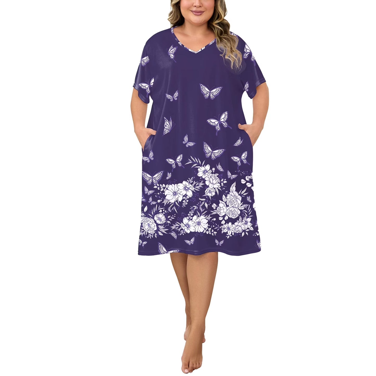 PinkBeautiM Nightgowns for Women Plus Size Print V Neck House Dress with Pockets