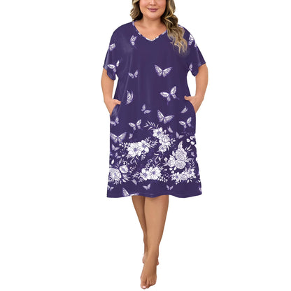 PinkBeautiM Nightgowns for Women Plus Size Print V Neck House Dress with Pockets