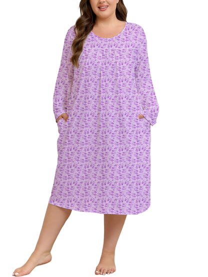 FEREMO Womens Plus Size Nightgowns Long Sleeve Crew Neck Pleated Night Dress Printed Sleepwear with Pockets