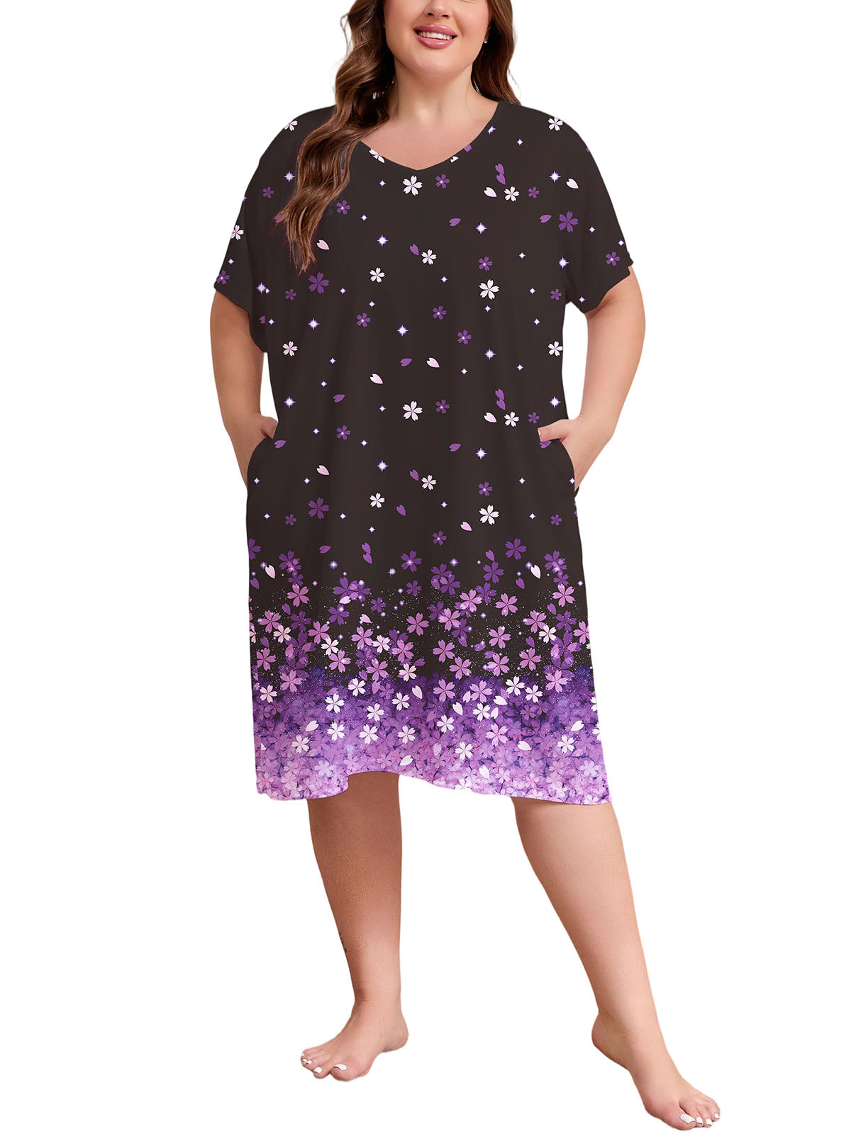 Nightgowns for Women Plus Size Print V Neck House Dress with Pockets