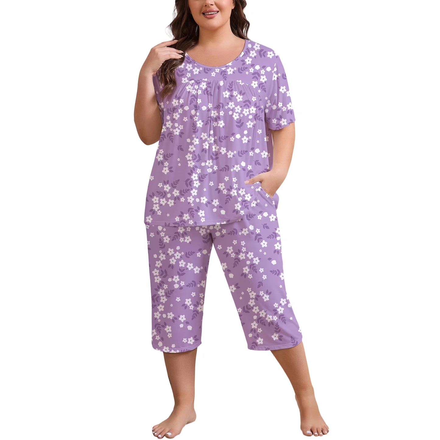 FEREMO Women Plus Size Pajamas Set Short Sleeve Pjs Capri Pants Pajama Sets Nightwear with Pockets