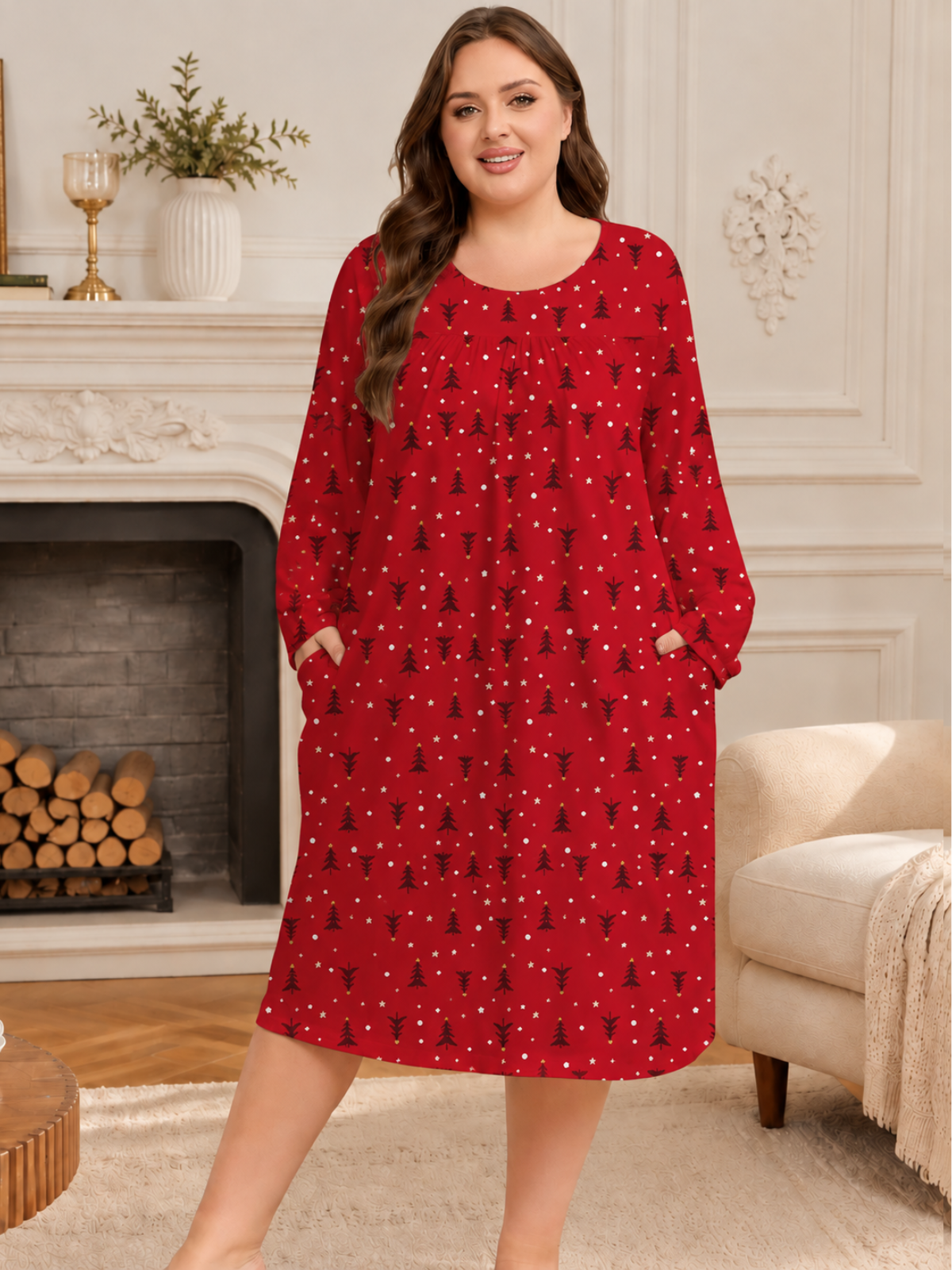 FEREMO Womens Plus Size Nightgowns Long Sleeve Crew Neck Pleated Night Dress Printed Sleepwear with Pockets