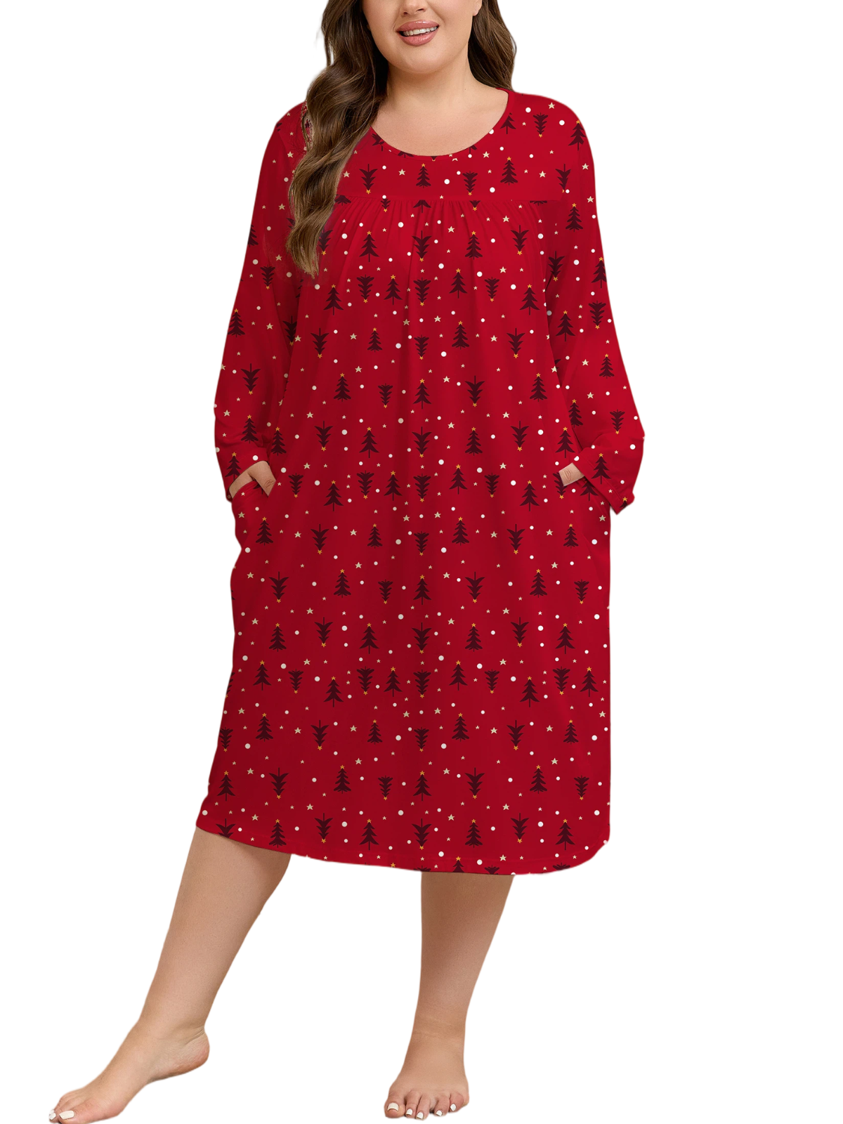FEREMO Womens Plus Size Nightgowns Long Sleeve Crew Neck Pleated Night Dress Printed Sleepwear with Pockets