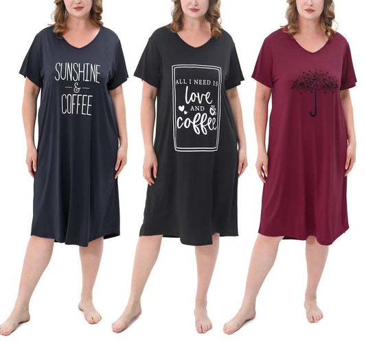 FEREMO 3 Pack Nightgowns for Women Plus Size V Neck Sleepwear Loose Comfy Night Gown
