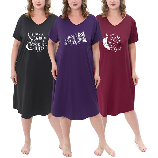 FEREMO Nightgown for Women Plus Size Long Sleepwear Printed Comfy Sleep Shirts 3 Pack