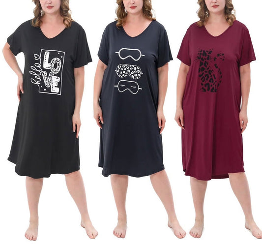 FEREMO 3 Pack Nightgowns for Women Plus Size V Neck Sleepwear Loose Comfy Night Gown