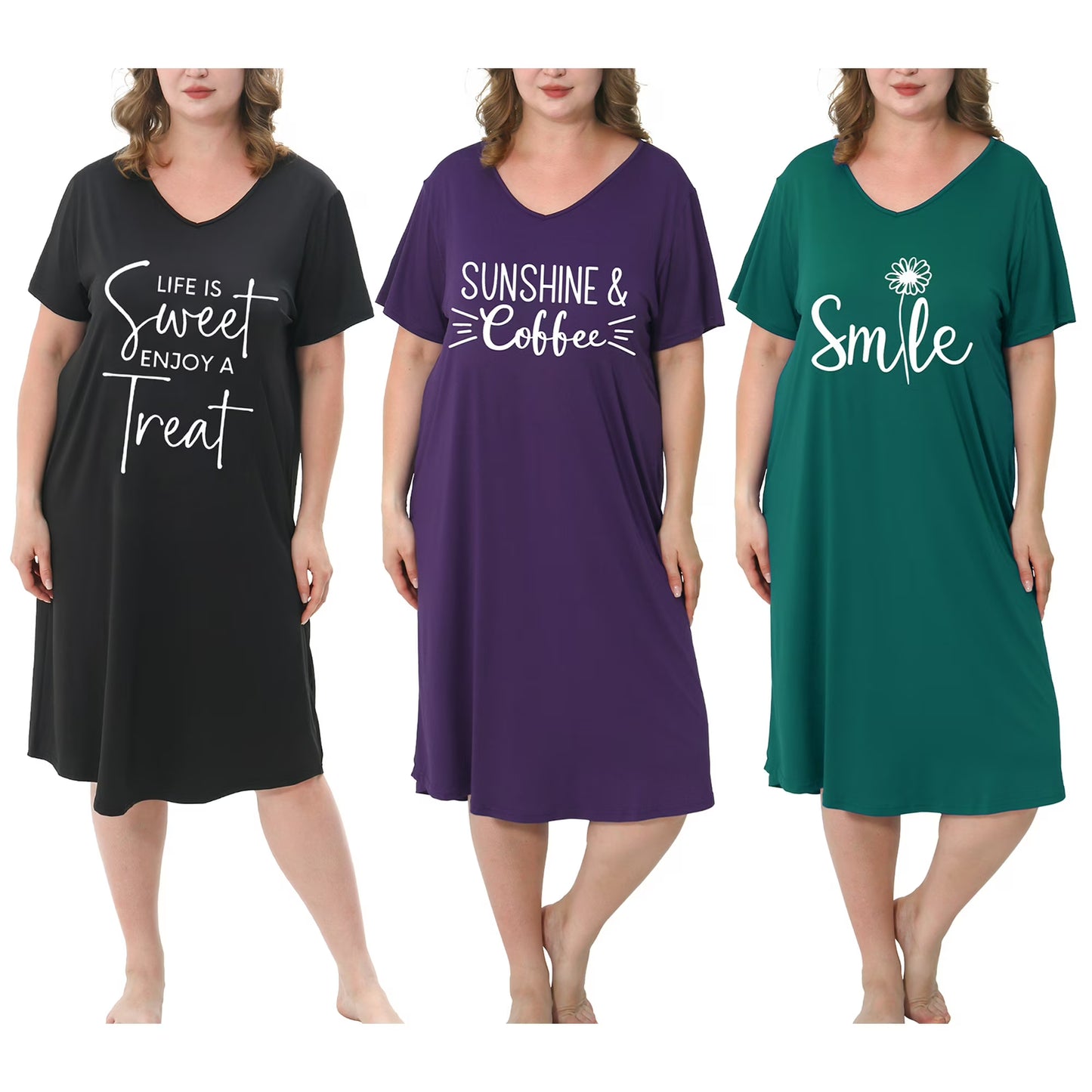 FEREMO Nightgown for Women Plus Size Long Sleepwear Printed Comfy Sleep Shirts 3 Pack