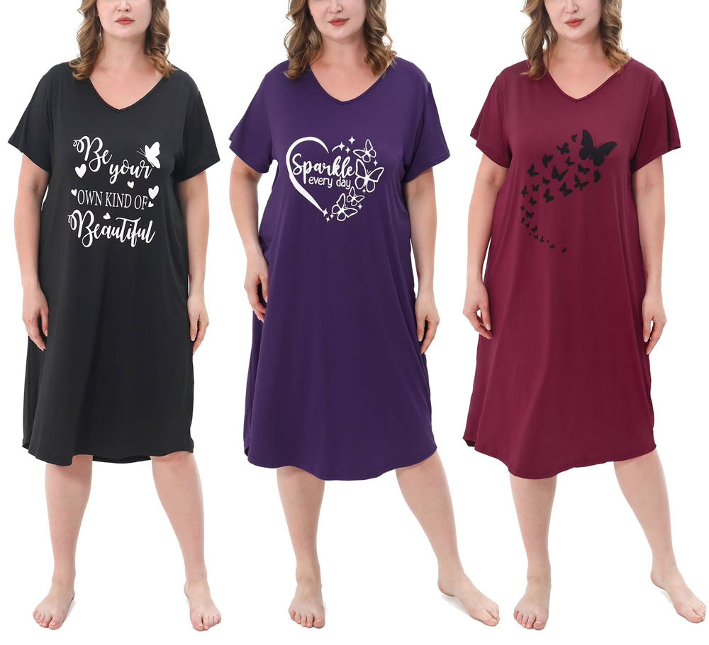 FEREMO 3 Pack Nightgowns for Women Plus Size V Neck Sleepwear Loose Comfy Night Gown