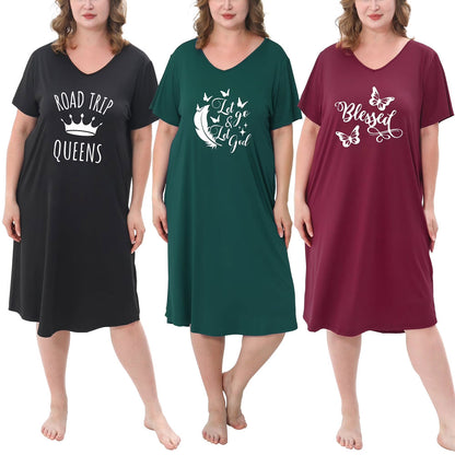 FEREMO 3 Pack Nightgowns for Women Plus Size V Neck Sleepwear Loose Comfy Night Gown