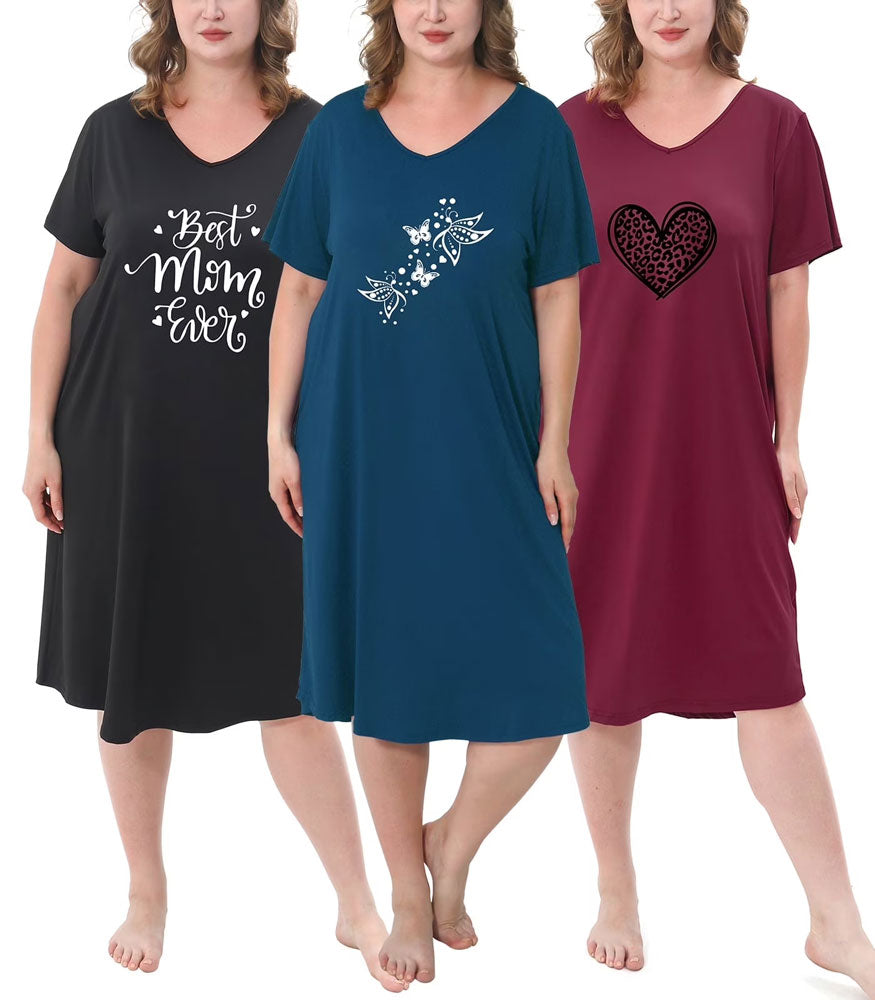 FEREMO 3 Pack Nightgowns for Women Plus Size V Neck Sleepwear Loose Comfy Night Gown