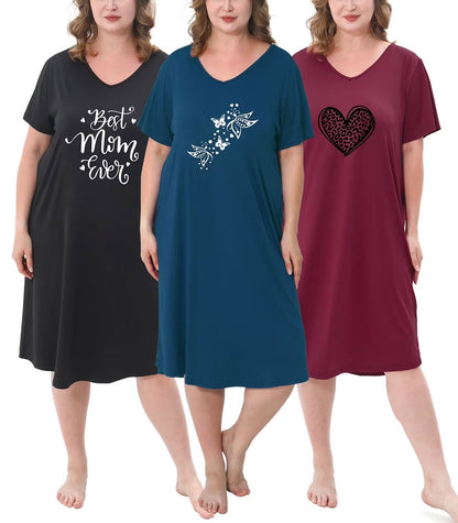FEREMO 3 Pack Nightgowns for Women Plus Size V Neck Sleepwear Loose Comfy Night Gown