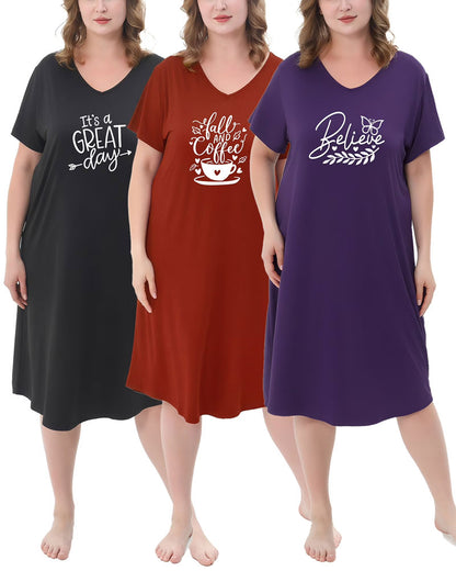 FEREMO 3 Pack Nightgowns for Women Plus Size V Neck Sleepwear Loose Comfy Night Gown
