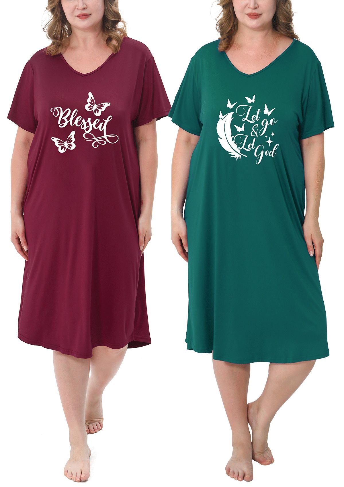 FEREMO Plus Size Nightgowns for Women Short Sleeve Printed Sleepwear Long Comfy Sleep Gown 2 Pack