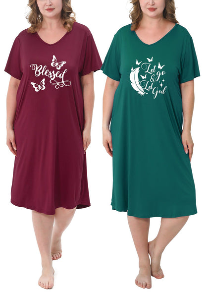FEREMO Plus Size Nightgowns for Women Short Sleeve Printed Sleepwear Long Comfy Sleep Gown 2 Pack