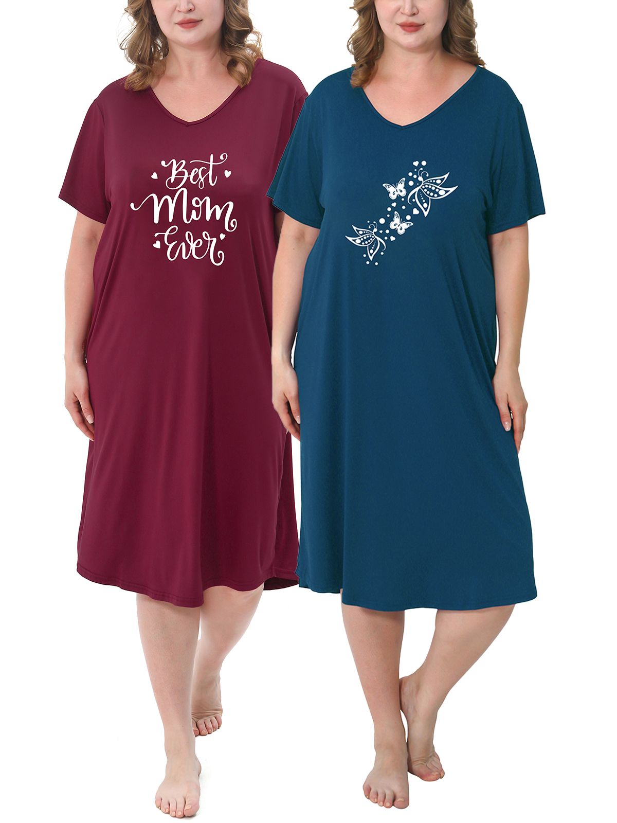 FEREMO Plus Size Nightgowns for Women Short Sleeve Printed Sleepwear Long Comfy Sleep Gown 2 Pack